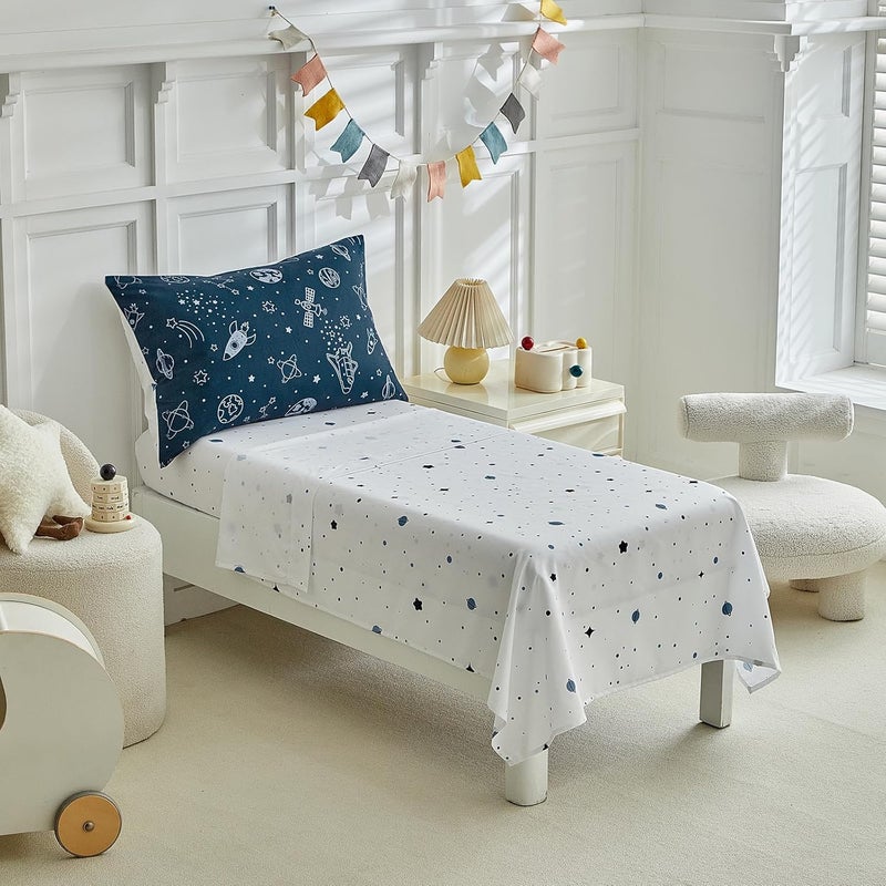 DuShow 4 Pieces Toddler Bedding Set for Boy,Space Toddler Bed Comforter Set,Soft and Breathable Microfiber Crib Sheet Set,Includes Quilted Comforter, Flat Top Sheet, Fitted Sheet, Envelope Pillow Case -Blue - Image 5